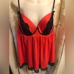 NWOT- Cacique Coral Red Babydoll Chemise w/Black Lace - 22/24